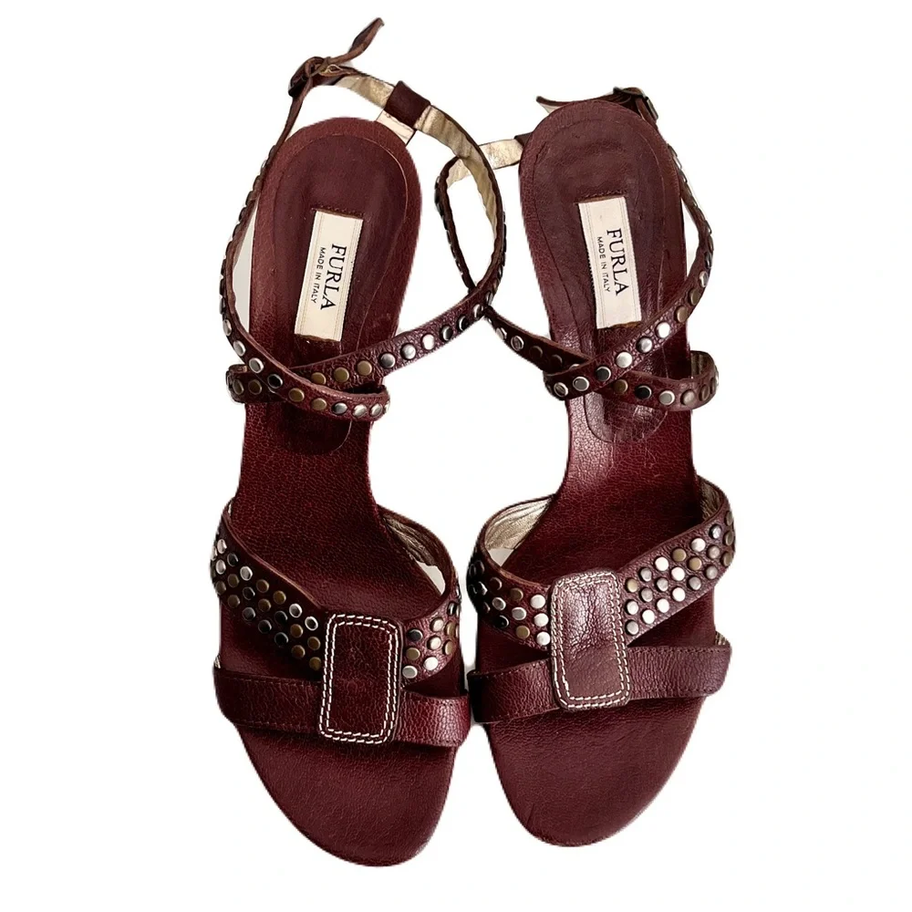 Furla Brown Leather Studded Strappy Heeled Sandals, Size 39